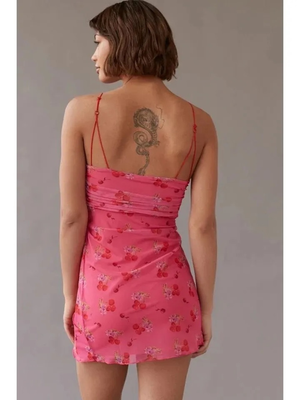 Urban Outfitters Bright Side Cherry Mesh Lace-Up Mini Dress Pink